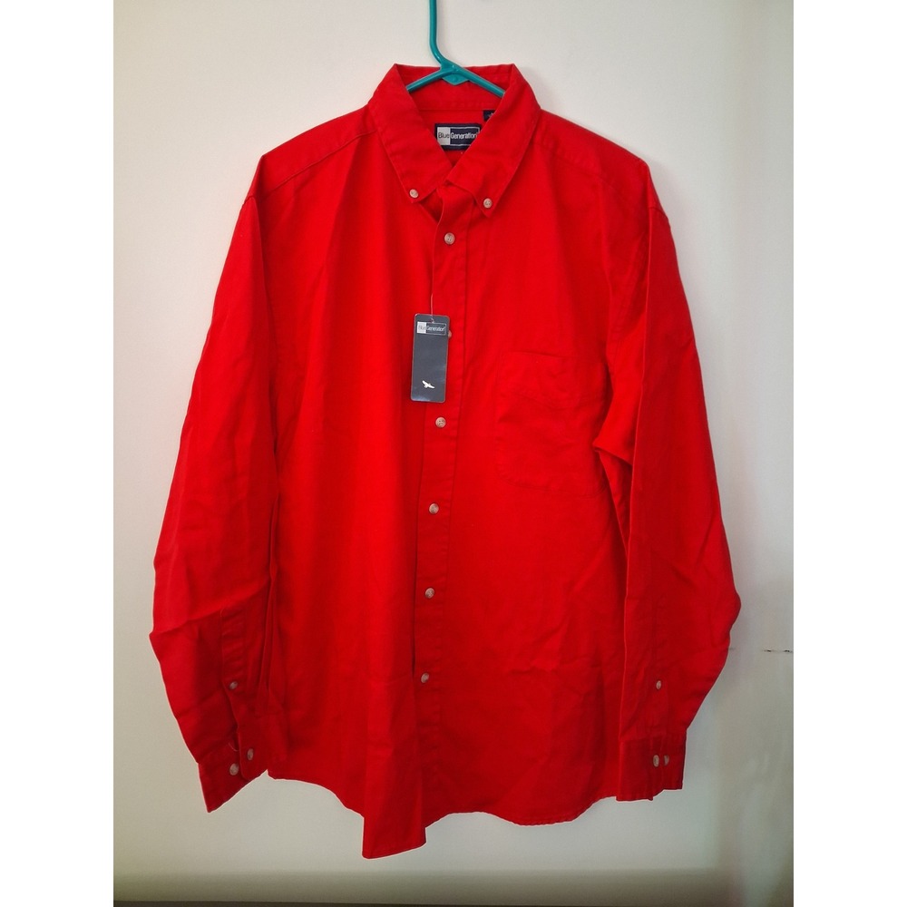 Blue Generation Red Button Down Shirt Long Sleeve Cotton Twill Workwear Large